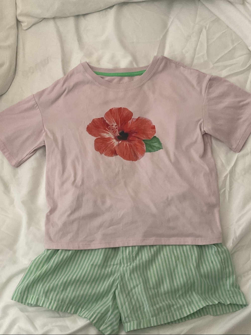 XL (14) Art class Pink pajama top with Hawaiian Flower and Green Striped shorts